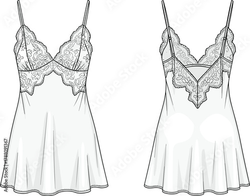 Elegant floral lace satin chemise nightdress with V-neckline, adjustable straps, and delicate embroidery fashion flat vector illustration