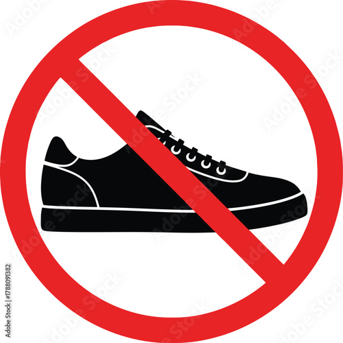 No shoes sign vector. forbidden footwear symbol, black sneaker in red circle. essential for hygiene, sterile zones, clean rooms, rules, safety.