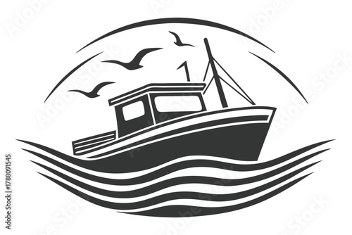A stylized fishing boat glides through simple waves beneath flying seabirds above