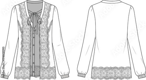 Elegant lace trim cardigan fashion flat sketch with bow tie neckline, button front closure, and long sleeve design