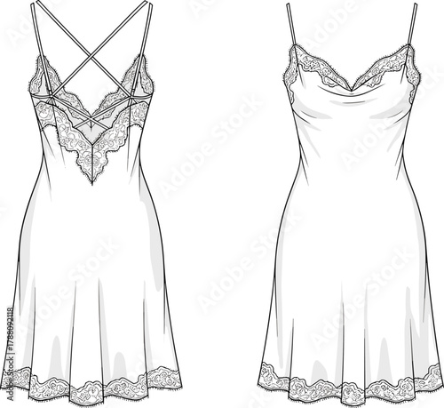 Elegant satin lace nightdress fashion flat with cowl neckline and crisscross straps lingerie design illustration