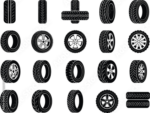 Car tire vector collection featuring wheel rims, rubber tread patterns, automotive icons, transportation elements for vehicle design, mechanic graphics, engineering projects, and repair illustrations