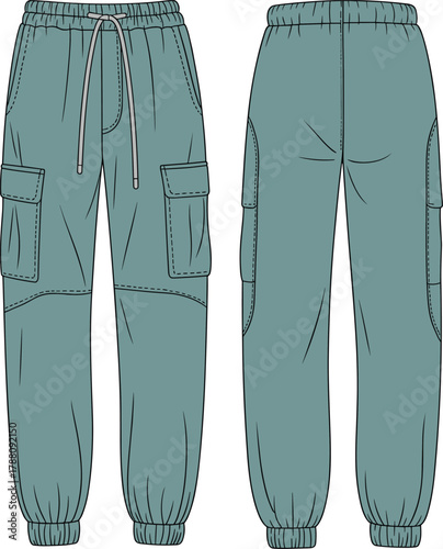 Cargo jogger pants design, elastic waist drawstring trousers template, streetwear fashion flat sketch, casual utility apparel mockup, CAD drawing flat vector illustration