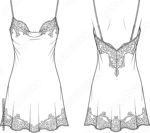 Elegant satin lace nightdress fashion flat with floral embroidery details, delicate straps, and feminine lingerie design illustration