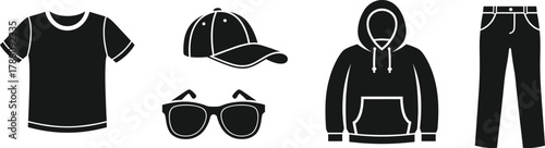 Casual clothing icons, t-shirt, hoodie, pants, cap, sunglasses, fashion silhouette set, vector illustration, black style, modern outfit elements, accessories