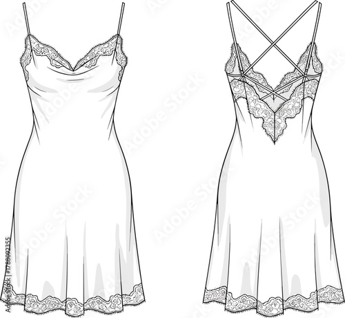 Elegant satin slip dress flat fashion sketch with lace trim, cowl neckline, and cross back straps design illustration