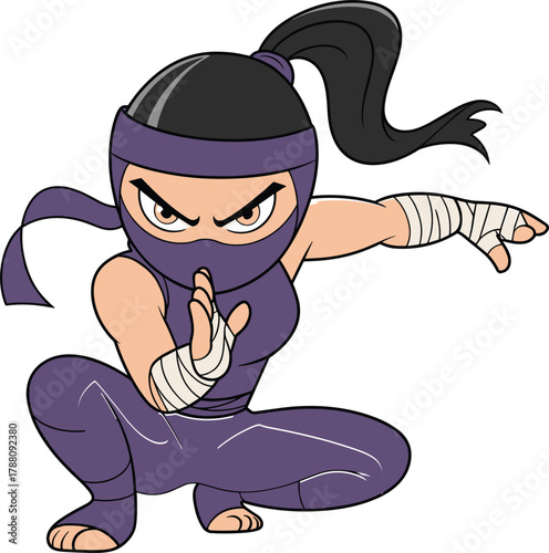 Cartoon ninja in crouching combat pose with purple costume, martial arts gesture, intense eyes, stealthy stance, dynamic vector character illustration