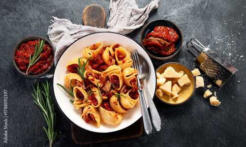 Classic traditional Italian pasta with fresh tomato marinara sauce.