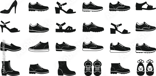 Collection of various shoe silhouettes, sneakers, heels, boots, sandals, loafers, footwear icons set for fashion design, vector illustration isolated style