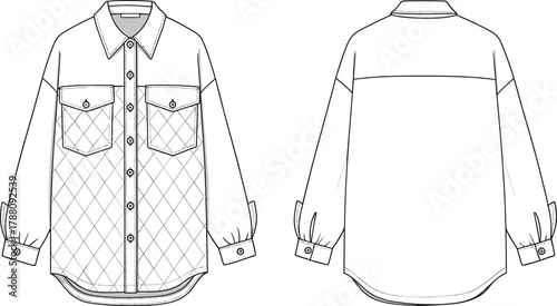 Fashion flat sketch of diamond quilted button shirt with flap pockets, long sleeves, curved hem, and stitched details