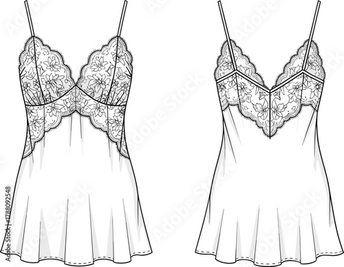 Luxury floral lace satin lingerie slip top with delicate embroidery design front and back fashion vector illustration