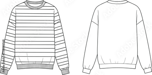 Striped crew neck sweater flat sketch front and back view with ribbed cuffs, hem, long sleeves, and relaxed fit