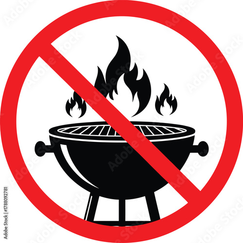 No barbecue or open flame sign, red circle with diagonal line over a grill with fire, indicating prohibition for outdoor cooking and fire safety rule.