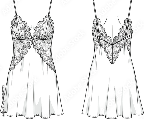 Romantic lace satin chemise nightdress with floral embroidery, bow detail, and adjustable straps fashion flat vector illustration