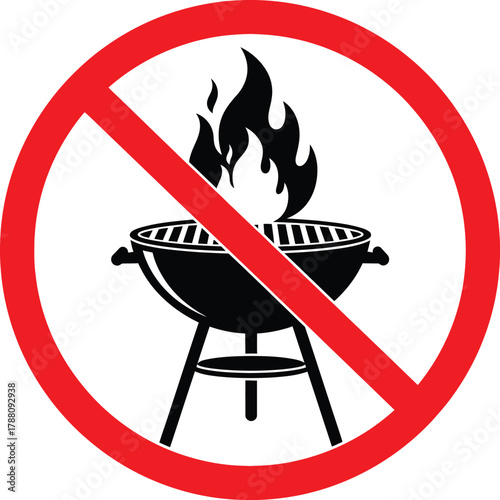 No open flame or barbecue grilling allowed sign, indicating fire prohibition, danger, and safety regulations for outdoor areas, public spaces, parks, and forests.