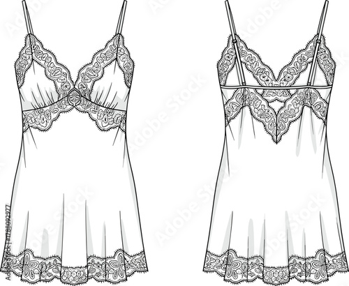 Stylish satin lace chemise nightdress fashion flat with floral lace trim, V-neck design, and elegant lingerie detailing
