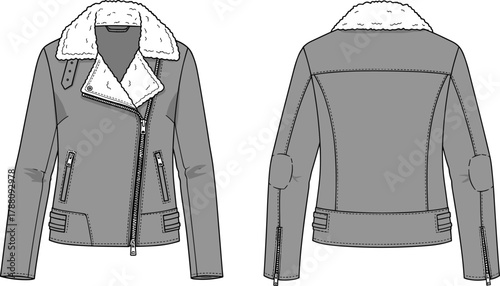 Stylish women’s shearling biker jacket front and back view, faux leather winter outerwear with zipper pockets fashion illustration