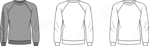 Crew neck sweatshirt technical drawing front and back view, vector flat sketch design, fashion apparel template illustration for clothing design