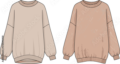 Trendy oversized women’s sweatshirt with ribbed cuffs and hem, soft round neckline, cozy winter casual fashion illustration