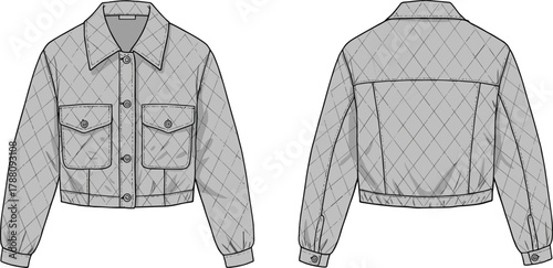 Vector fashion flat sketch of diamond quilted cropped jacket with button front, flap pockets, collar, and cuffed sleeves