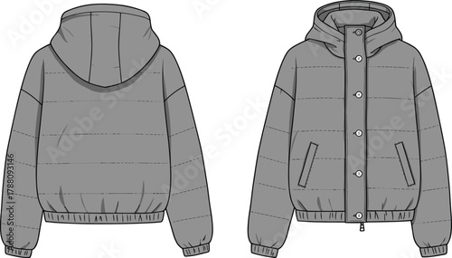 Warm padded puffer jacket with hood front and back view, quilted winter coat fashion flat sketch design
