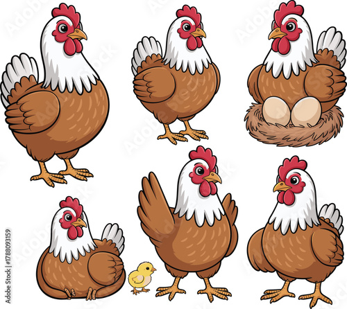 Cute brown hens and baby chick cartoon set, farm chicken collection with eggs and nest, domestic poultry vector illustration design