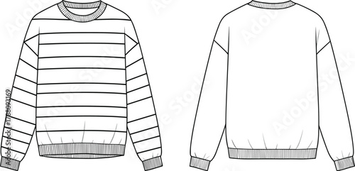 Vector flat sketch of striped crew neck sweatshirt with ribbed cuffs, hem, long sleeves, and relaxed casual fit