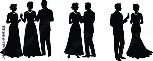 Elegant party couple silhouettes vector illustration, vintage formal evening fashion design, classic man and woman social event, retro celebration artwork style
