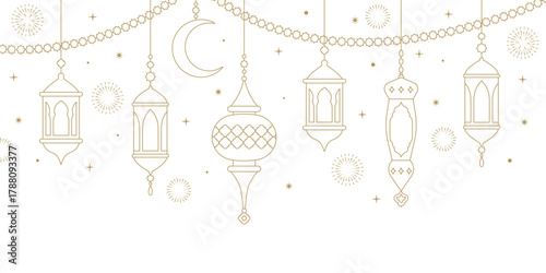 Ramadan Kareem horizontal banner with hanging arabian lanterns. Islamic oriental holiday garland. Elegant, slender silhouettes of lamps and lanterns in oriental style. Muslim ornament for Eid Mubarak