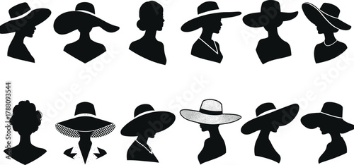 Elegant woman hat silhouettes vector collection, fashionable female profiles illustration for beauty design, vintage fashion logo, boutique decoration, and modern style artwork
