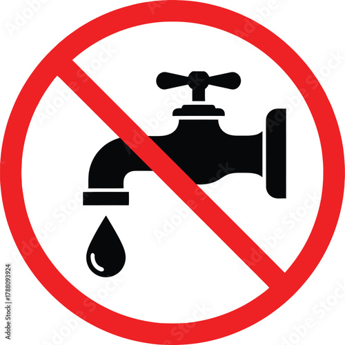 Drought, water shortage, save water, no drinking water sign concept vector illustration showing a tap with a drop inside a red prohibition circle.