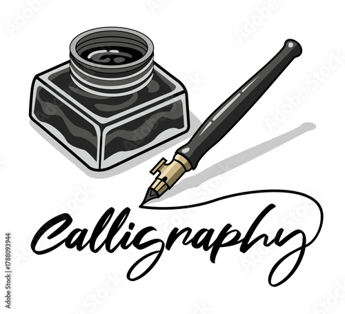 Calligraphy pen and inkwell vector illustration on transparent background