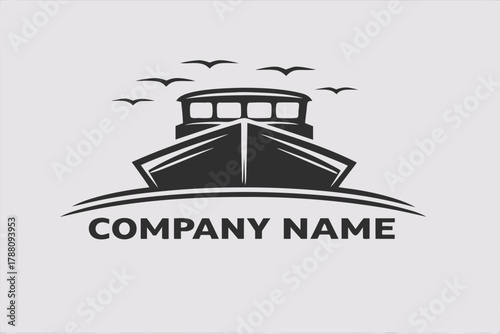 Black and white boat logo with birds soaring above on a simple background