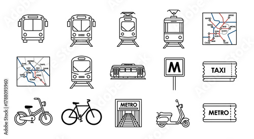 Obraz na płótnie Dynamic urban transport icons including buses trains trams metro maps taxis bicy