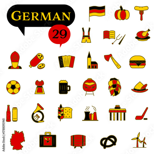 A set of icons in red, black, and yellow colors dedicated to German culture. EPS 10.