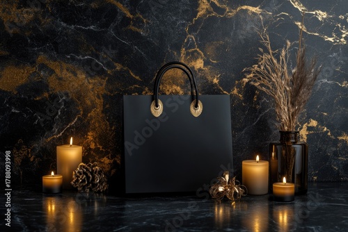 Black shopping bag with golden details and glowing candles on marble background. Luxury lifestyle concept symbolizing fashion, sophistication, celebration. For branding, advertising, festive promotion