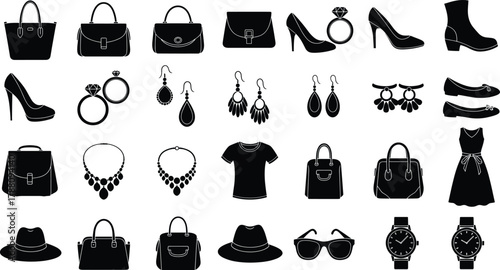 Fashion accessories silhouette collection, handbag shoes jewelry dress watch hat sunglasses vector icons, elegant women clothing style illustration design isolated set