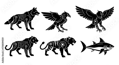 Dynamic cybernetic animals including wolf, eagle, panther, tiger, and shark embody future technology and primal power, perfect for innovation themes.