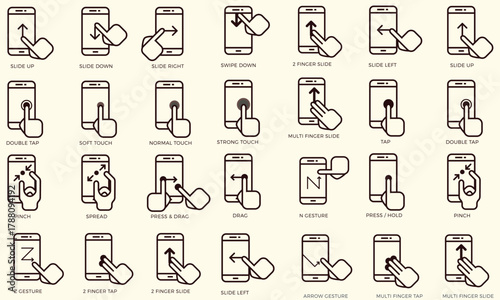 Smartphone touch screen icon set. Hand clicking, tapping, touch gesture on mobile device. Cell phone interface interaction. Click cursor, finger press, touchscreen action vector illustration