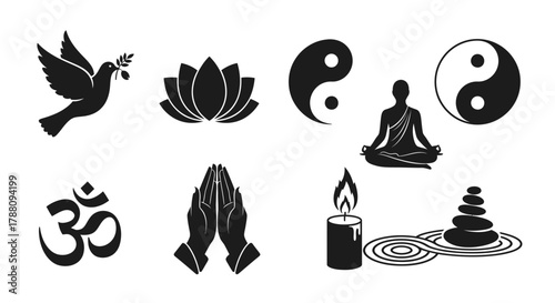 Inspiring collection of spiritual symbols for peace meditation mindfulness and holistic wellness including lotus Om prayer candle and zen garden