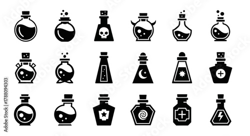 Magical potion bottle collection icons for fantasy games, potions, elixirs, witchcraft, and alchemist themes
