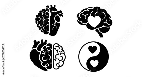 Captivating heart and brain symbols represent balance, emotion, intellect, and well-being, perfect for health and wellness concepts.