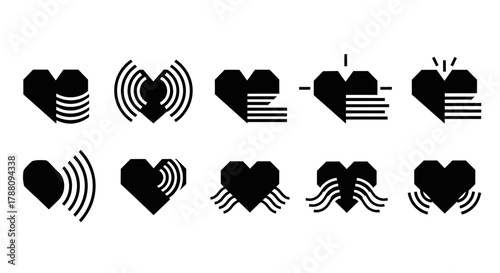 Dynamic heart icons representing connection data signals and energy flow for modern branding and technology concepts
