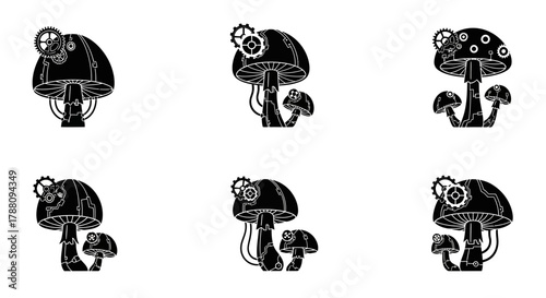 Whimsical steampunk mushrooms with intricate gears and pipes, perfect for fantasy and industrial art projects
