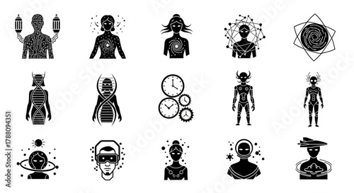 Futuristic humanoids, cosmic beings, and technological concepts representing science, innovation, and the future of humanity.