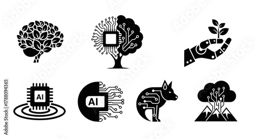 Capturing the essence of AI innovation with diverse symbolic representations including brains trees robots and clouds for cutting edge technology concepts