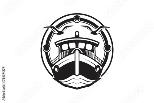 Black and white emblem showcases a fishing boat silhouette encircled by gulls flying above