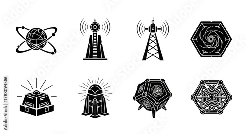 Modern technology icons featuring atomic structure, communication towers, and futuristic geometric designs for innovation and progress themes