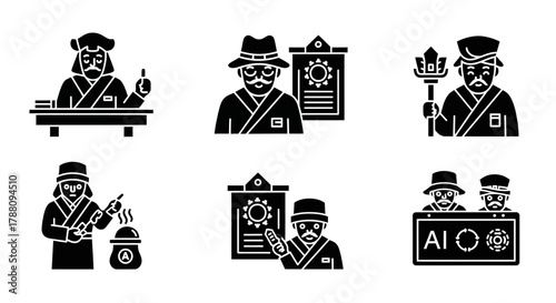 Ancient scholars and modern innovators collaborate on AI advancements, blending historical wisdom with future technology for groundbreaking discoveries.