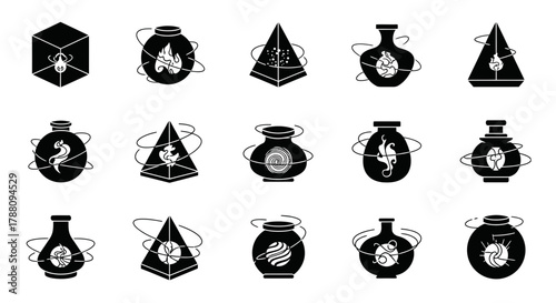 Mystical magical containers with swirling energy elements, perfect for alchemy, fantasy, or occult themes